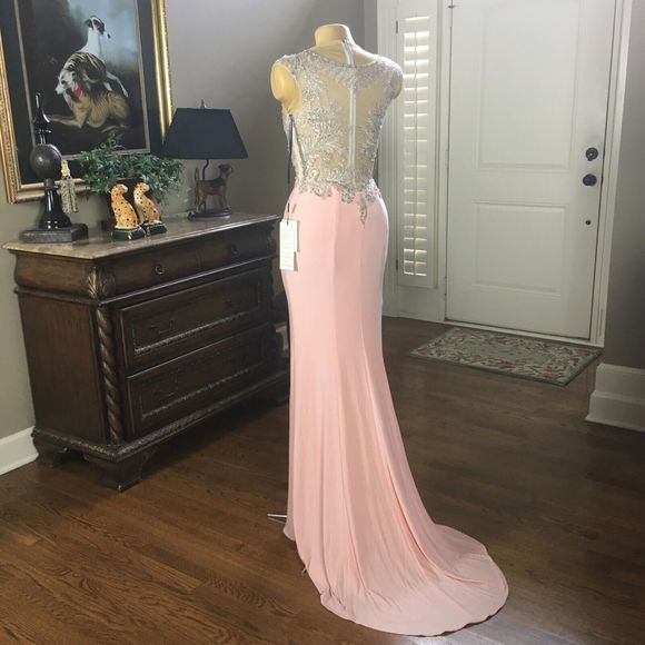 NWT Milano Formals Size 4 Light Pink Chiffon Beaded Prom Maxi Dress Formal Gown - Picture 3 of 16